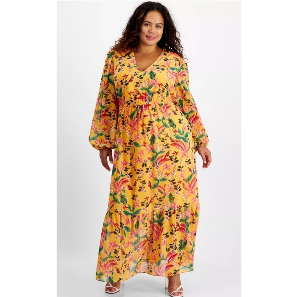 Floral Long Sleeve Flowy Chiffon Dress sz 2X Mustard Gold